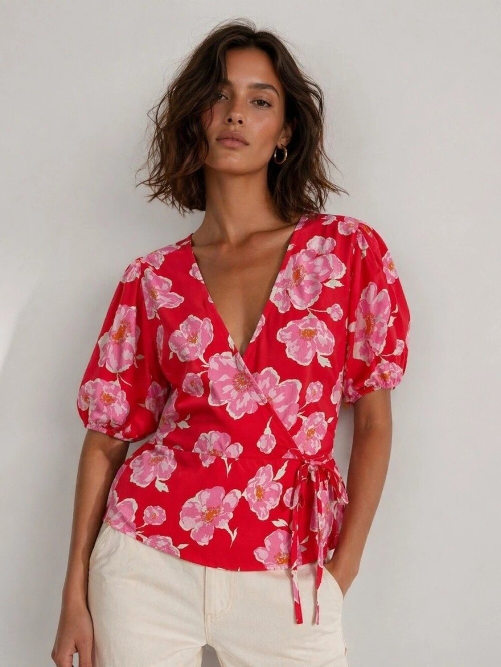 Old Navy Womens Floral Rose Pink Red Wrap Blouse | Puff Sleeve Top Size Medium